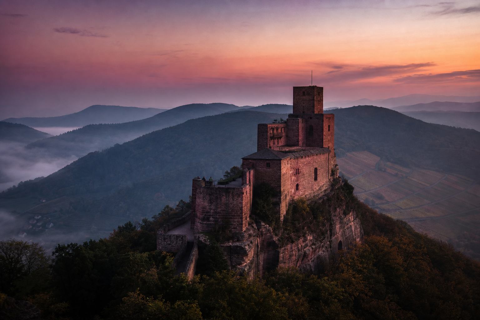 Burg Trifels über dem nebligen Pfälzer Tal